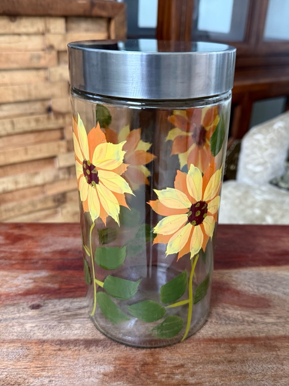 Handpainted Sunflower Glass Canister with Stainless Lid.